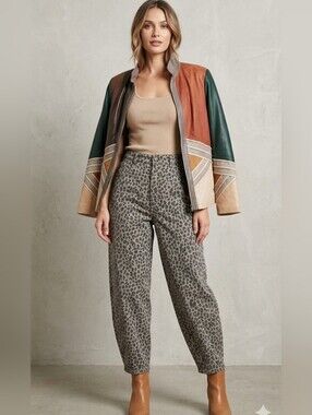 Vintage Inspired Elian Colorblock Leather Jacket with Green, Rust & Tan Panels